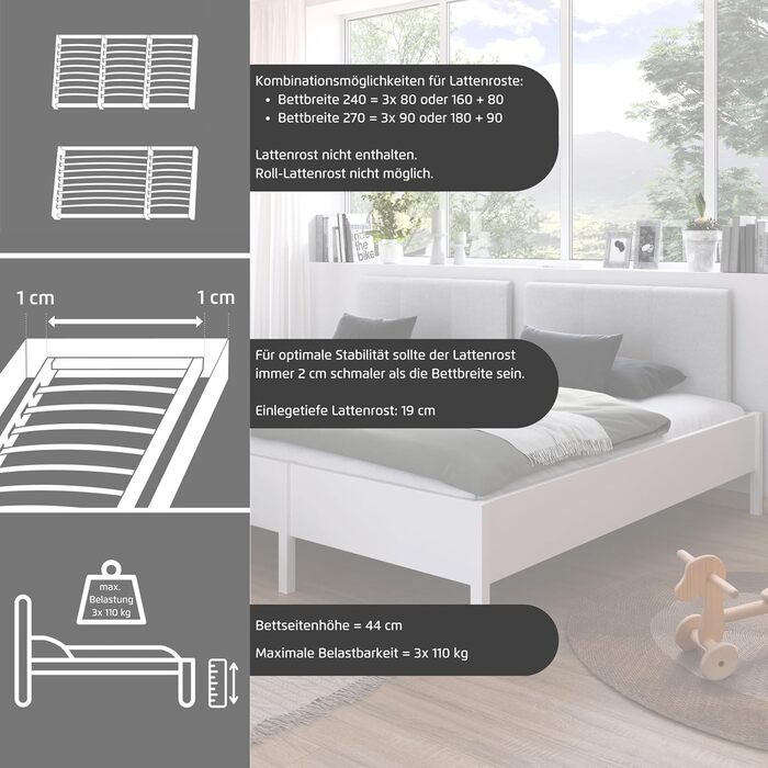 Сімейне ліжко, ліжко, багатомісне ліжко, спальна зона 270x200 см для сну з родиною, колір білий, 278x95x217 см, дерев&39яне узголів&39я 270x200 см