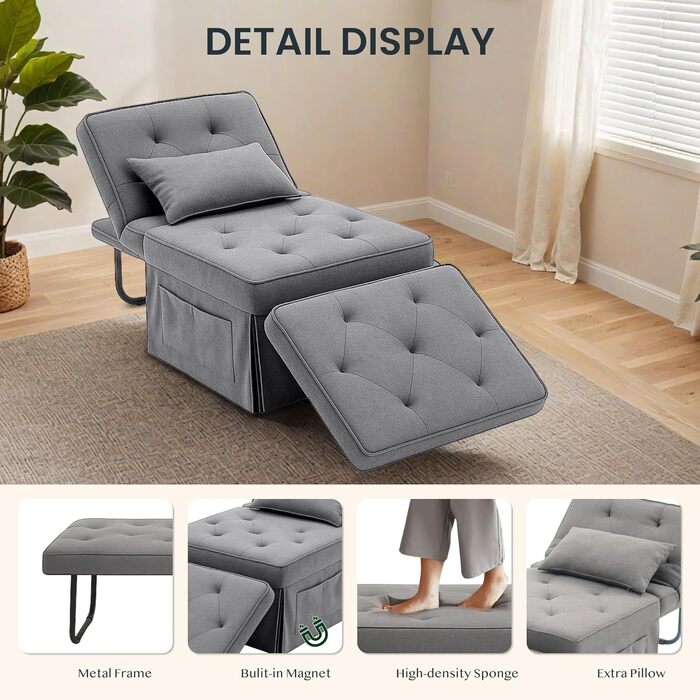Крісло FLEXISPOT Крісло для вітальні з пуфом для ніг Розкладне крісло-ліжко з функцією ліжка Розкладне крісло-ліжко Вантажопідйомність до 300 кг, сірий, 72 * 69 * 35 см темно-сірий