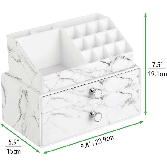 Набір mDesign з 2 туалетних столиків для туалетного столика - Штабельована коробка для зберігання з 2 ящиками для макіяжу - Органайзер для косметики з 16 відділеннями з мармуровим візерунком - білий і сірий