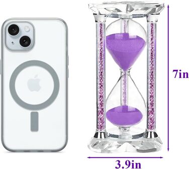 Пісочний годинник SuLiao для Uten, Поворотний на 720, Старовинний білий пісочний годинник, Вінтажний пісочний годинник 1 Hora Reloj de Arena, Великий метал, Пісочне скло, Офіс, Письмовий стіл, Дім, Весільне оформлення (Кришталь / Фіолетовий, 60 хв)