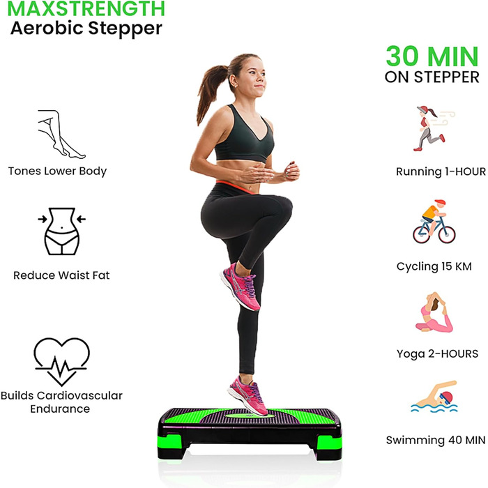 Фітнес-степер MAXSTRENGTH для тренувань, регулювання висоти у 5 положеннях (10 см, 15 см, 20 см, 25 см, 30 см), нековзка підніжка для аеробних вправ, вправ на витривалість, кардіо, йоги, комплексів, зелений/чорний