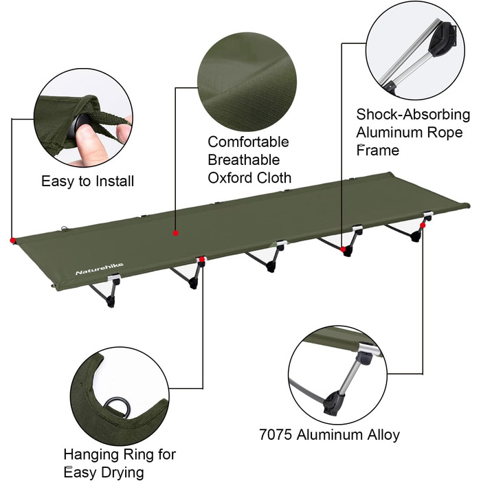 Кемпінгове ліжко Naturehike, надлегке похідне ліжко, портативне складне ліжко для дорослих, місткість до 150 кг, кемпінгове ліжко для наметів, для пішого туризму, для дому, для походів, темно-зелене
