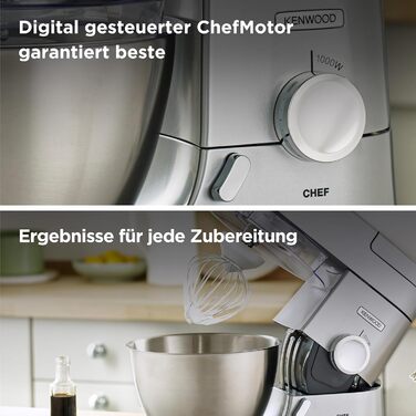 Кухонний комбайн Kenwood Chef KVC3110S, чаша для змішування з нержавіючої сталі 4,6 л, система безпеки з блокуванням, металевий корпус, 1000 Вт, включаючи набір для кондитерських виробів із 3 предметів і насадку для акрилового блендера, срібло