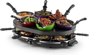 Раклетний гриль, настільний гриль, гриль для вечірок, потужність 1200 Вт, плавне регулювання температури, в т.ч. 8 сковорідок і дерев'яна лопатка, антипригарне покриття, чорний