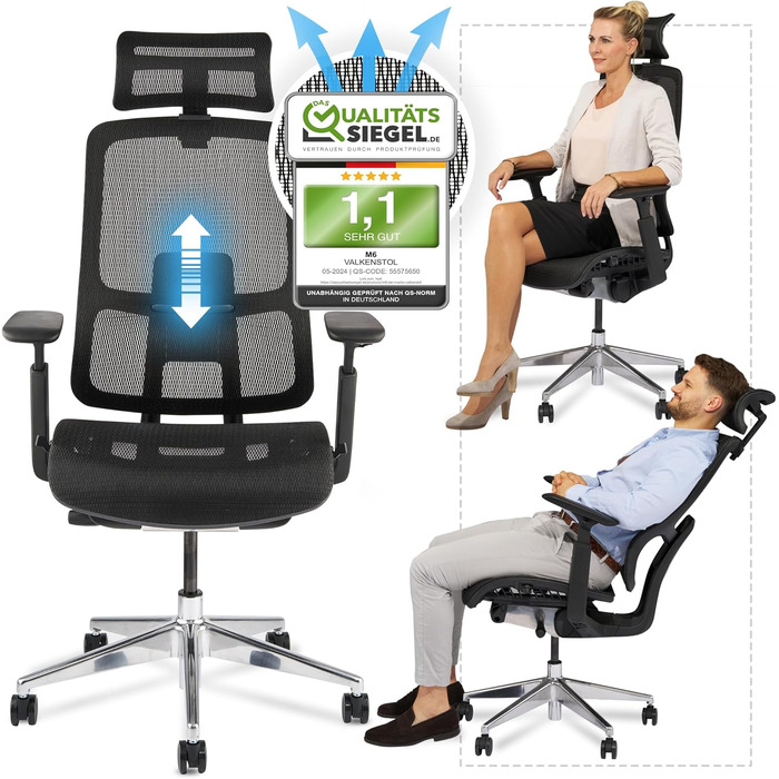 Ергономічне офісне крісло M6, переможець тестів, підходить для зросту до 1,95 м, офісне крісло з сітчастим сидінням, офісне крісло з адаптивною поперековою опорою та регульованою спинкою для здорового сидіння, крісло керівника M6 із сітчастим сидінням (чо