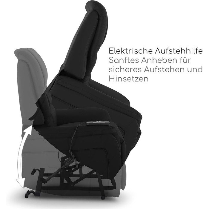 Крісло під телевізор MACOShopde від MACO Mbel Raburg з функцією підйому та відкидання, електрично регульоване з 2 двигунами та дистанційним керуванням, пружинна основа з кишеньковим механізмом, елегантна штучна шкіра Jan Black Чорна штучна шкіра