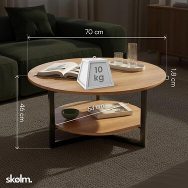 Круглий журнальний столик Skølm Drakkar Ø70 см стіл для вітальні з масиву дуба та металевого каркасу диванний столик з 2 полицями невеликий промаслений бічний столик дерев&39яний стіл для вітальні з місцем для зберігання журнальний столик