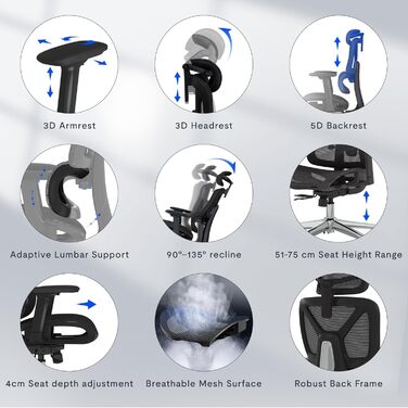 Ергономічне офісне крісло FLEXISPOT, стілець для роботи з підставкою для ніг, 3D підлокітники, 3D підголівник, 5D спинка, дихаюче сидіння, вантажопідйомність до 136 кг, ErgoX, чорний (з підставкою для ніг) Lite