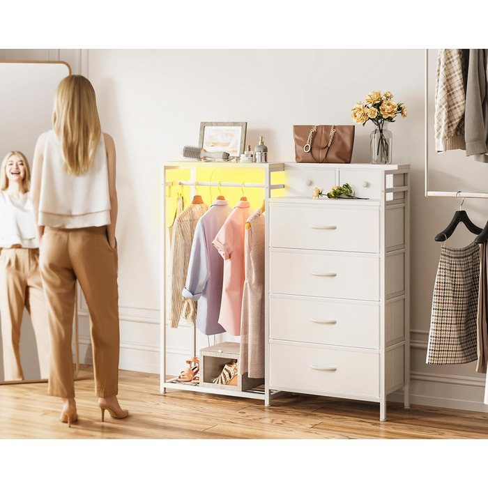 Комод Coleshome з вішалкою для одягу, світлодіодним освітленням та розеткою, двосторонній дизайн з 6 шухлядами, тканинний комод для спальні та вітальні, 110 x 30 x 106 см, білий