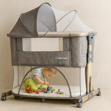 Дитяче ліжечко 4-в-1 від народження до 15 кг, додаткове ліжко з 5 регулюваннями висоти, з матрацом/складною бічною панеллю/колесами, ліжечко з сітчастої тканини, з функцією манежу, (сірий), 2luxe Leo