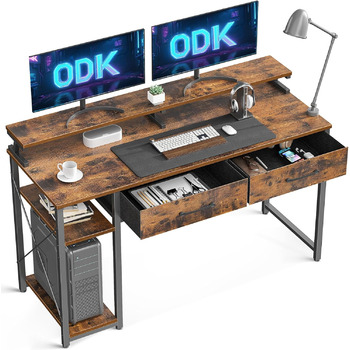 Стіл з 2 шухлядами, комп'ютерний стіл з полицями і підставкою для монітора, офісний стіл з книжковою полицею, комп'ютерний стіл дл