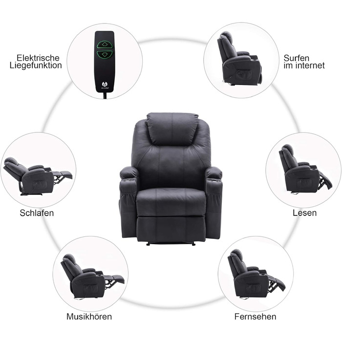 Електричне масажне крісло-реклайнер Крісло для телевізора з функцією відкидання, вібрацією та підігрівом 7061 Нова модель (чорна штучна шкіра)