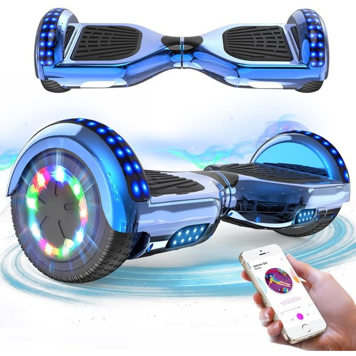 Ховерборди RCB 6,5 дюйма – для дітей та підлітків з Bluetooth, світлодіодний з потужним двигуном, подарунок для дітей, хромований синій