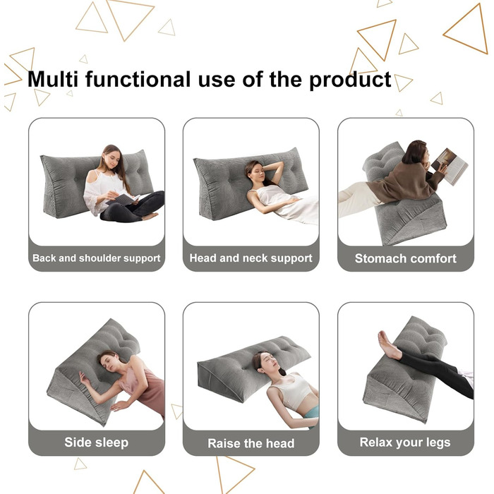 Подушка для спини Supfine, подушка для читання для ліжка та дивана, клиноподібна подушка з кишенею для мобільного телефону, вельвет, подушка для сидіння, настінна подушка, чохол, який можна прати (160x50x20 см, сірий, вельвет) сірий, вельвет 160x50x20 см