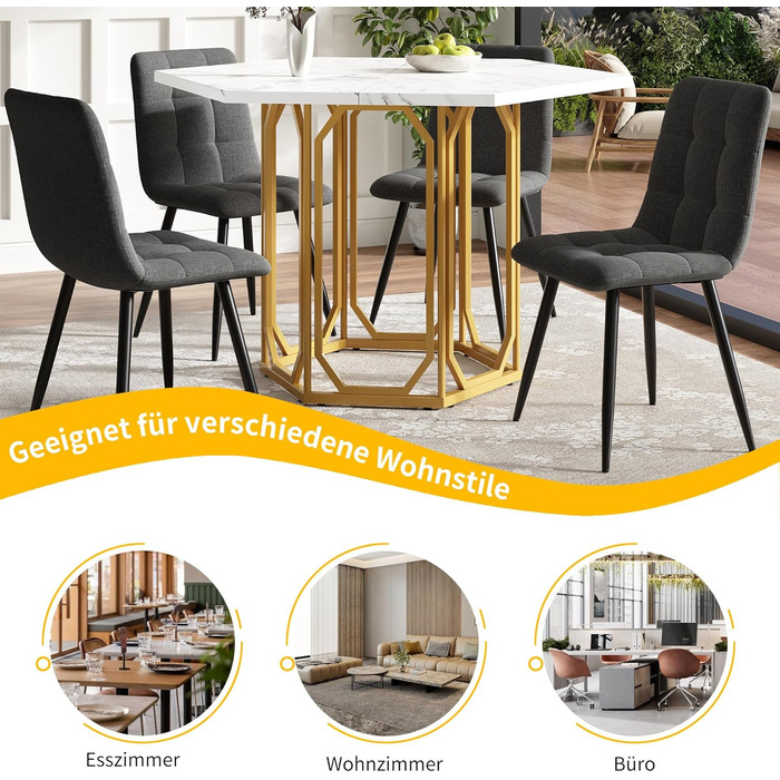 Шестигранний обідній стіл Merax, великий сучасний кухонний обідній стіл для 4-6 осіб, стільниця з МДФ з мармуровим візерунком, міцна металева основа золотого кольору, для кухні, вітальні, 110,2 x 95,4 см (110,2 x 95,4 x 75,5 см) Мармуровий візерунок та зо