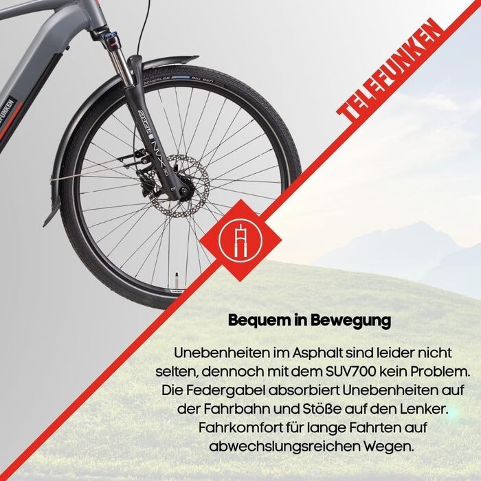 Електричний велосипед TELEFUNKEN E-Bike для чоловіків та жінок Міський педальний велосипед позашляховика з двигуном середнього розташування та літій-іонним акумулятором 720 Втгод Перемикач швидкостей Гідравлічні дискові гальма Світлодіодне освітлення Коле