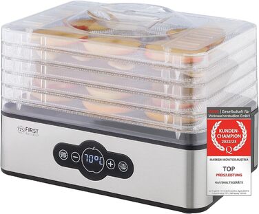 Дегідратор TZS First Austria Дегідратор для фруктів, трав, грибів і м'яса цифровий з таймером і регулятором температури 35-70C 5 полиць, полиці з нержавіючої сталі, дегідратор з таймером Полиці з нержавіючої сталі 5 поверхів