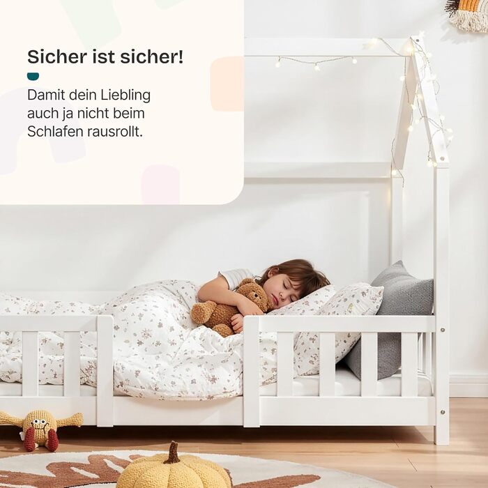 Ліжко Sisimiut Montessori House 80 x 160 см із захистом від падіння, дерев&39яне дитяче ліжко, підлогове ліжко, рейкова основа, сосна, матово-білий колір, 80 x 160 см, матрац не входить до комплекту