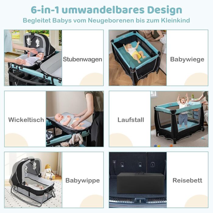 Дорожнє ліжечко з матрацом, дитяче ліжечко 6-в-1, дорожнє ліжечко з колискою, пеленальний столик, сумка для зберігання, музична скринька, підвісні іграшки, колеса, що блокуються, для дітей від 0 до 36 місяців (зелене)
