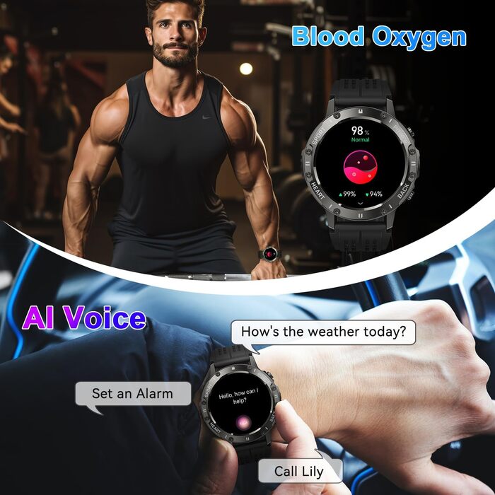 Військовий смарт-годинник для чоловіків з функцією телефону водонепроникний фітнес-трекер, смарт-годинник з Bluetooth-дзвінками та серцевим ритмом, монітором сну, крокоміром, спортивним годинником, Android/iOS, чорним