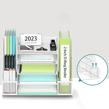 Сітчастий настільний органайзер з тримачами для файлів, 5-ярусний органайзер для лотків для паперу та листів з тримачами для журналів, настільний органайзер та місце для зберігання з шухлядою для офісного приладдя вдома чи в школі, білий