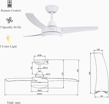 Стельовий вентилятор CJOY з підсвічуванням і дистанційним керуванням, білий стельовий вентилятор 106 см з підсвічуванням, реверсивний тихий двигун постійного струму-3 кольори-регулювання затемнення-6 швидкостей-таймер, 3 леза, спальня