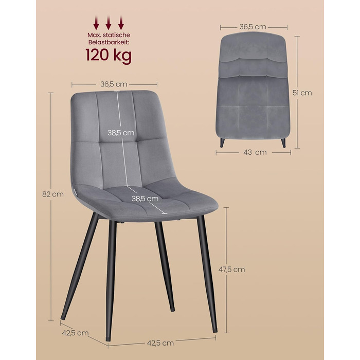 Обідні стільці VASAGLE з оксамитового оздоблення, кухонні стільці (витримують вагу до 120 кг), крісла з регульованими ніжками, сучасні, м&39які, для вітальні, комплект з 4 шт. , сірий сланцевий колір KDC080GN01 Комплект з 4 шт. , сірий сланцевий колір