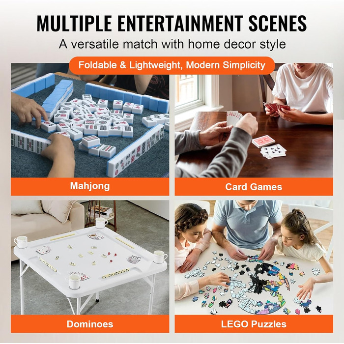 Стіл для маджонгу VEVOR, стіл доміно, складний картковий стіл для 4 гравців з 4 підставками для напоїв та 4 лотками для фішок, портативний ігровий стіл доміно з 1 набором доміно для маджонгу, покеру та головоломок, білий
