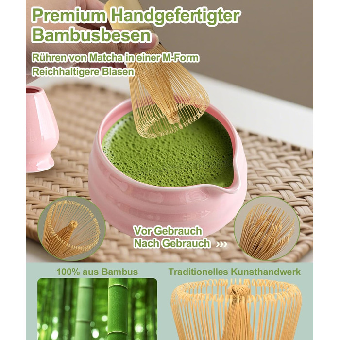 Набір для матча Рожева Гармонія (7 предметів) бамбуковий вінчик (часен) та підставка, чаша для матча з носиком, ситечко, ложка та підставка, японський набір для чаю матча для поціновувачів рожевий з носиком