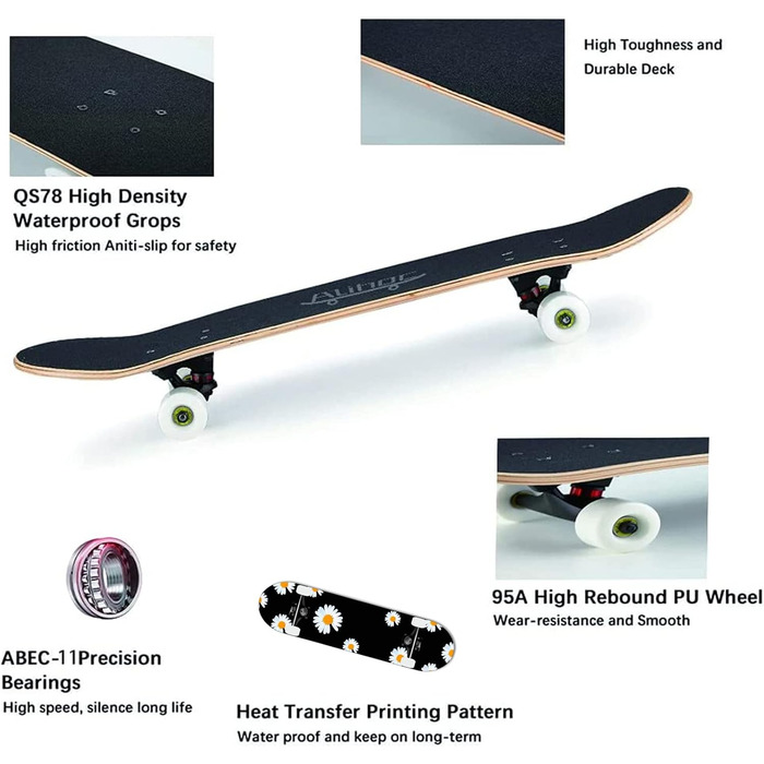 Дюймовий стандартний скейтборд, 7-шарова кленова дошка, підходить для дітей, підлітків, дорослих, початківців та професіоналів, максимальне навантаження 150 кг. Хризантема., 31-