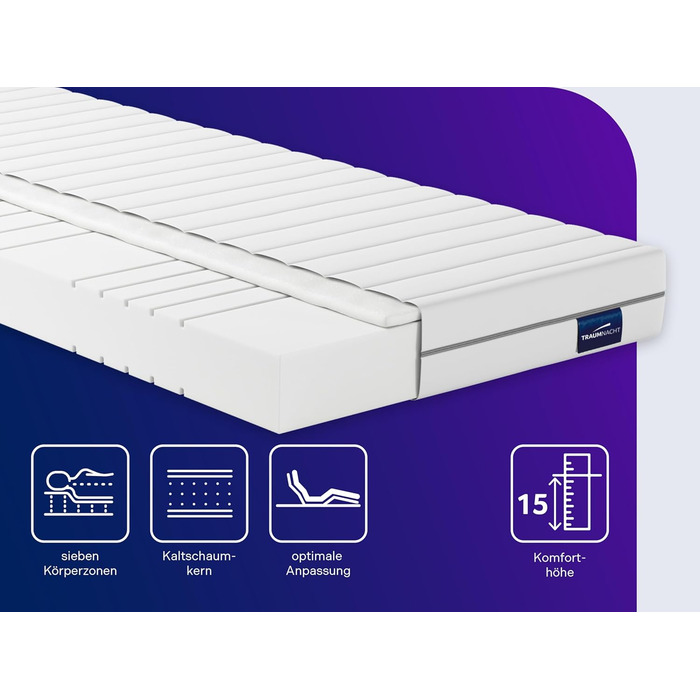 Ортопедичний 7-зонний матрац Traumnacht Basis з холодної піни для всіх типів сну, рівень жорсткості 4 (H4 - жорсткий), 140 x 200 см, білий, сертифікований Oeko-Tex, виготовлений відповідно до німецьких стандартів якості. Рівень жорсткості H4 - жорсткий, 1