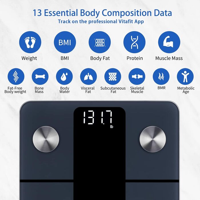 Персональні ваги Vitafit Body Fat Scale з додатком 180 кг, шкала складу тіла з Bluetooth, ваги для людей з жиром і м'язовою масою, ІМТ, білок, BMR, чорна шкала жиру в організмі чорна