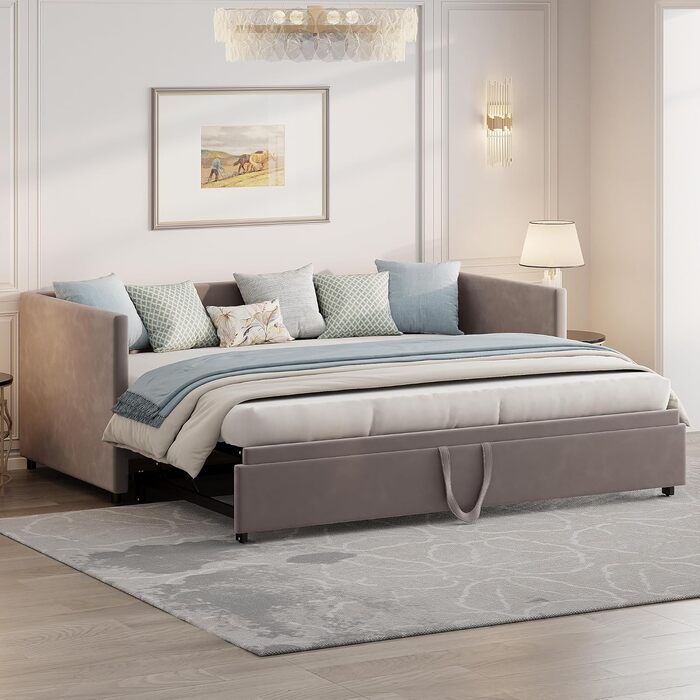 Диван-ліжко шириною 200 см, розкладний диван-ліжко, настінне ліжко з диваном, ліжко-мерфі 90/180 x 200 см, м&39яка розкладна кушетка з рейковим каркасом, двоспальне ліжко, оксамитова тканина, без матраца (сірий) Сірий 01