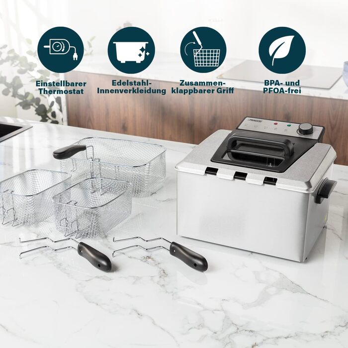 Фритюрниця Princess 3270 Вт, 5 літрів, термостат, 3 кошики для смаження, холодна зона, 6-7 осіб, 185000, сірий