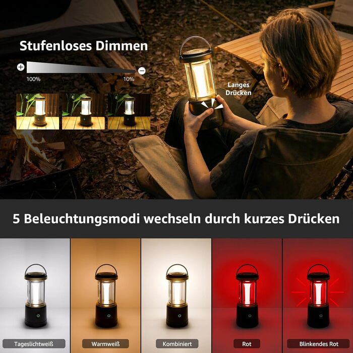 Світлодіодний кемпінговий ліхтар Lepro, акумуляторний, 2000 люмен, 5-рівневий регульований прожектор, водонепроникний аварійний ліхтар IPX4 з акумуляторним зарядним пристроєм, підходить для відключень електроенергії, походів та інших сценаріїв, чорний