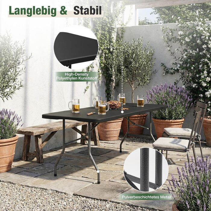 Складаний фуршетний стіл Sekey, пластик, 152x70 см Кемпінговий стіл з ручкою для перенесення, стіл для вечірки, розкладний стіл, садовий стіл для саду, патіо та балкону, складаний, 4 особи (чорний)
