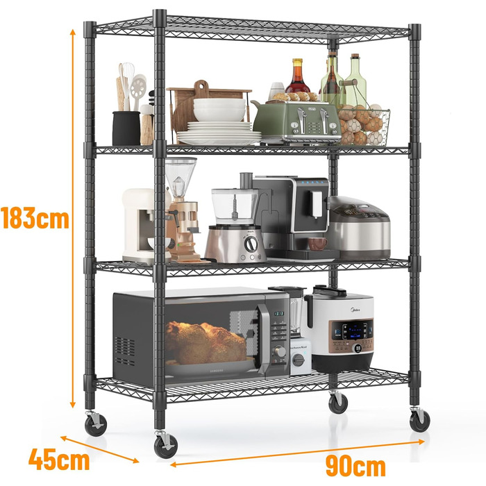 Рівнева дротяна полиця Himimi з колесами та ніжками, регульована по висоті, металева полиця для зберігання для кухні, ванної кімнати, спальні, вітальні, вантажопідйомність 500 кг, 90 * 45 * 183 см, чорна, 4-
