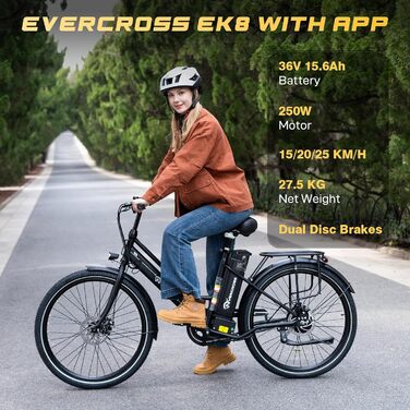 Електричний велосипед EVERCROSS EK8 для дорослих, 26-дюймовий електровелосипед - двигун 250 Вт, акумулятор 36 В 10,4 Аг, 15/20/25 км/год, максимальне навантаження 120 кг, гірський електровелосипед для жінок та чоловіків, чорний стандарт