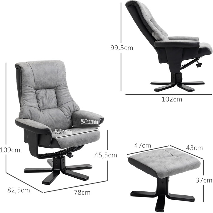 Крісло-реклайнер з підніжкою, обертове крісло для телевізора, крісло-реклайнер, м&39яке крісло для вітальні, спальні, мікрофібра сірого кольору, 78 x 82,5 x 109 см