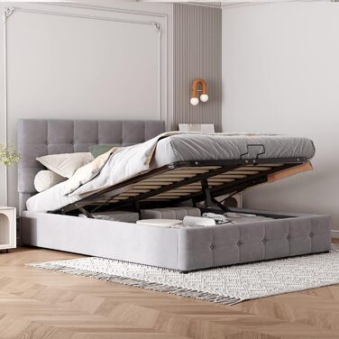 М&39яке ліжко 140x200, двоспальне ліжко з узголів&39ям, ліжко з місцем для зберігання речей, дитяче ліжко з гідравлічним місцем для зберігання речей, функціональне ліжко, гостьове ліжко, каркас ліжка з рейковою основою, без матраца, оксамит (сірий)