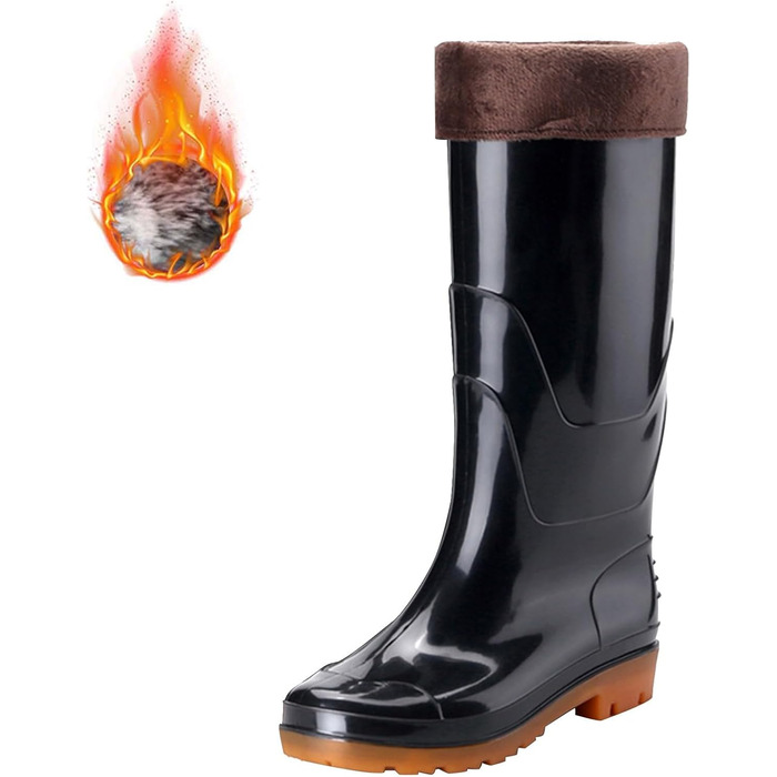 Чоловічі теплі гумові чоботи з хутряною підкладкою, високі, водонепроникні, протиковзкі, без ковзання, гумові дощовики до коліна для походів, роботи у дворі, активного відпочинку на свіжому повітрі, розмір 39 EU, чорні