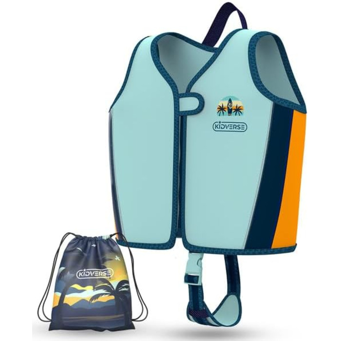 Дитячий рятувальний жилет KIDVERSE - переможець випробувань та сертифікований TV засіб для плавання для дітей від 2 років з регульованою плавучістю - сертифікований CE з надзвичайно м&39якого преміального неопрену, бірюзового кольору, розмір M
