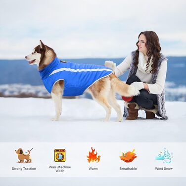 Водонепроникне пальто для собак, тепла зимова куртка, вітрозахисний одяг для домашніх тварин, флісова куртка-комбінезон для собак маленьких, середніх та великих собак, жилет з отвором для шлейки, XL-6XL (Синій, XL) Синій XL