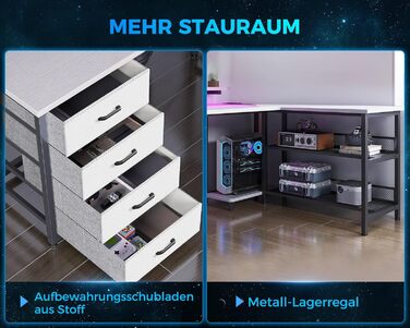 Кутовий стіл ODK з 4 шухлядами та місцем для зберігання, двосторонній кутовий стіл 167102 см з 2 розетками та 2 портами зарядки USB, ігровий стіл зі світлодіодним освітленням та підставкою для монітора для домашнього офісу, білий