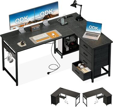 Кутовий письмовий стіл ODK з 4 шухлядами, 135100 см, L-подібний стіл з розеткою та портом зарядки USB, двосторонній стіл з місцем для зберігання для домашнього офісу та ігор, чорний 135 100 см