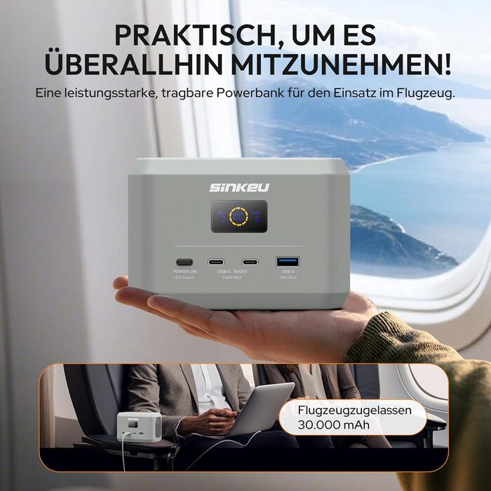 Портативна електростанція SinKeu, акумулятор LiFePO4 ємністю 96 Втгод / 30 000 мАг з 3 портами, швидка зарядка USB-C 100 Вт на вході/виході для подорожей, аварійне джерело живлення DE-E100