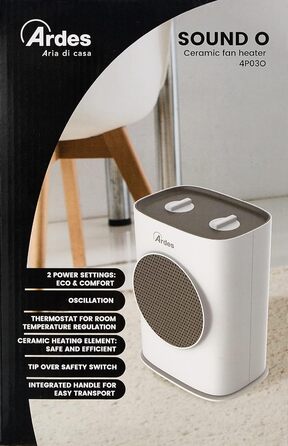 Керамічний обігрівач ARDES AR4P03O SOUND з функцією обертання, 1500 Вт, компактна та портативна модель з панеллю керування та зручною ручкою