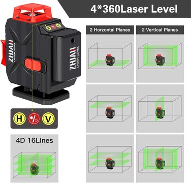Лазер ZHJAN Cross Line 4x360, лазерний рівень 4D, зарядний пристрій, дві батареї, підйомна база, трикутний кронштейн, 16 ліній, що використовуються для прикраси будинку та розвішування картин, що обертається лазерний 16-лінійний
