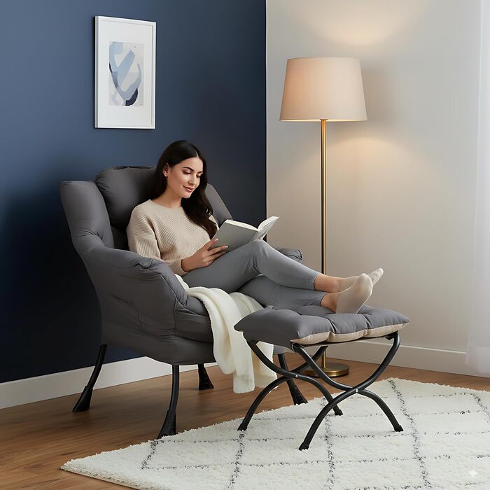 Зручне крісло з підніжкою, крісло-ліжко з оттоманкою, крісло для відпочинку, крісло для відпочинку з підлокітниками та бічною кишенею для вітальні, спальні та невеликих приміщень, темно-сірий