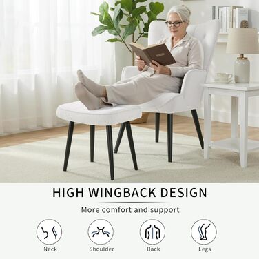 Крісло CLEVICH з підніжкою - Затишне крісло для відпочинку з підніжкою, крісло для читання, крісло з тканини Тедді для вітальні та спальні - До 168 кг, Біле